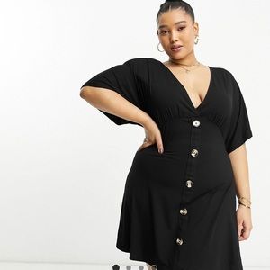 ASOS Curve flutter sleeve mini tea dress with buttons in black